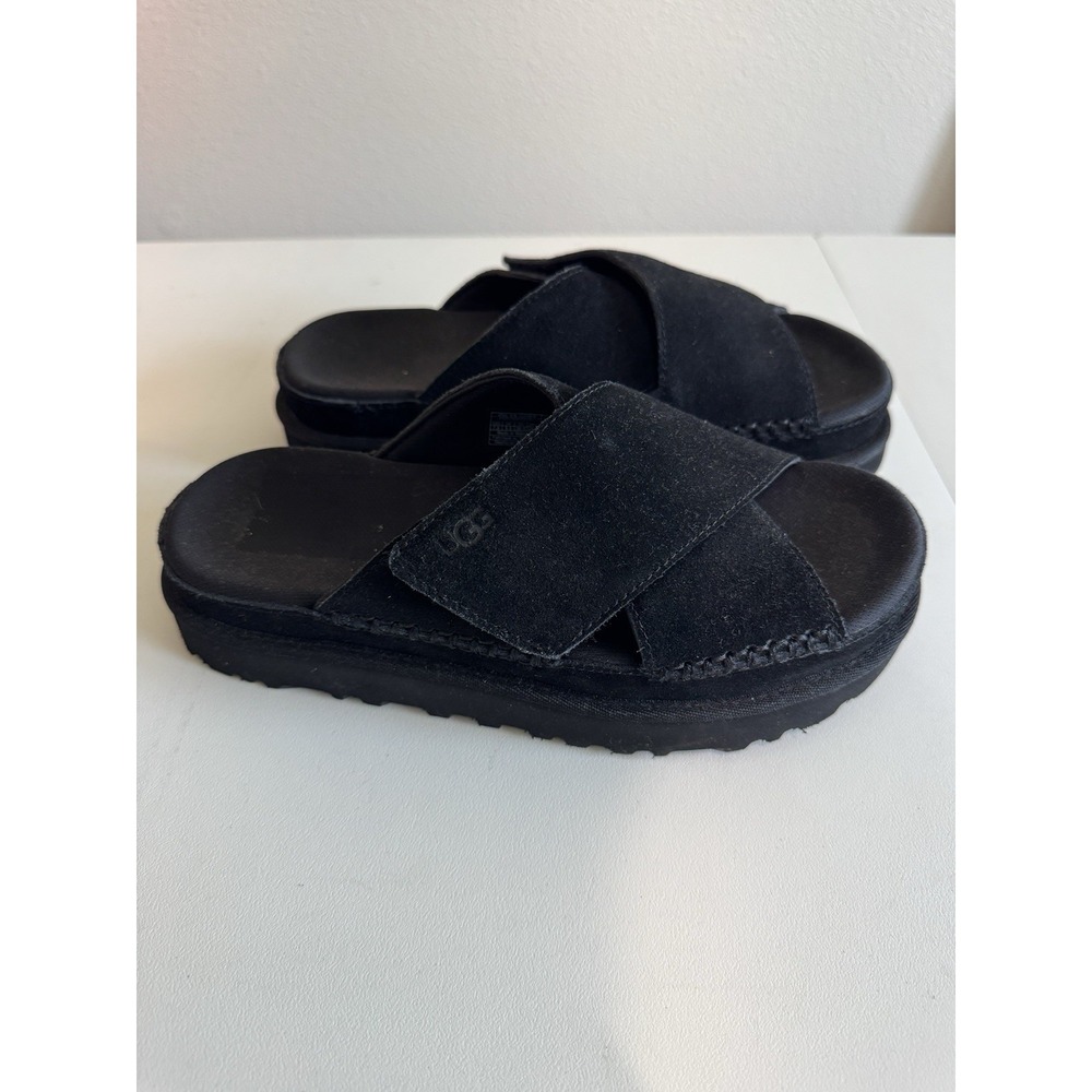 UGG BLACK GOLDENSTAR PLATFORM CROSS SLIDE SANDALS, WOMEN US 7.5